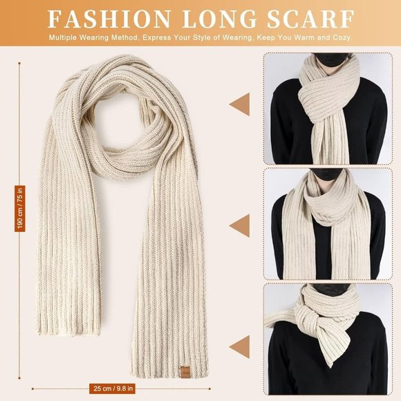 3 in 1 Set Womens Beanie with Pom Pom Long Scarf Neck Warmer Touchscreen Gloves